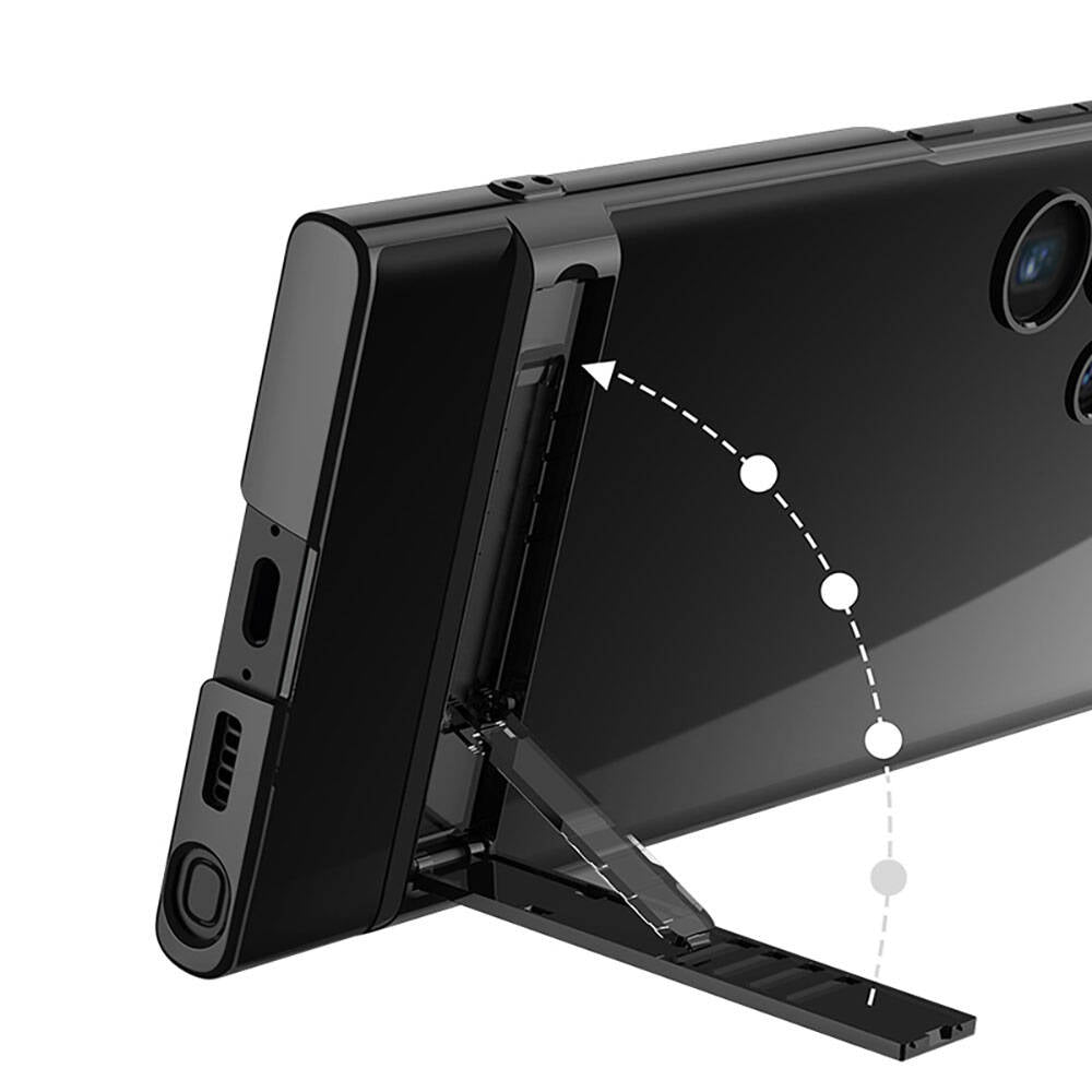 Galaxy S24 Ultra Kılıf Zore Kamera Korumalı Şeffaf Dikey Standlı Ays Kapak Siyah