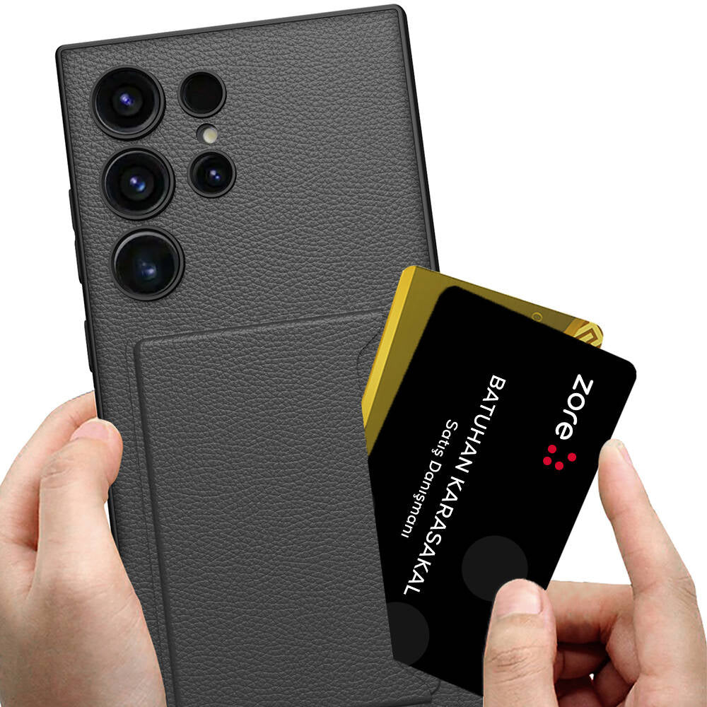 Galaxy S24 Ultra Suni Deri Arka Yüzey Zore Kartlıklı Kıpta Silikon Kapak Siyah Karbon