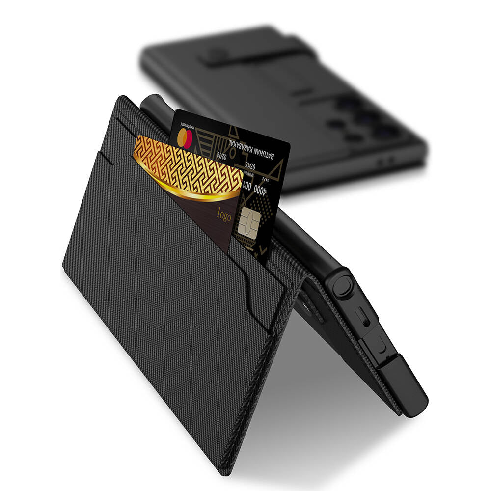 Galaxy S24 Ultra Zore Kıpta Standlı Kartlıklı Karbon Kapak Siyah