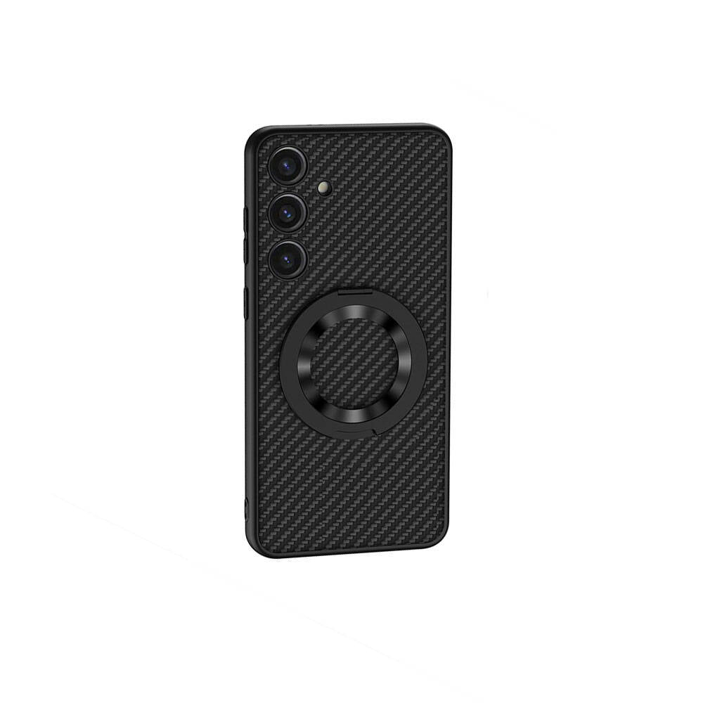 Galaxy S24 Wireless Şarj Özellikli Zore Kıpta Standlı M-safe Silikon Kapak Siyah Karbon