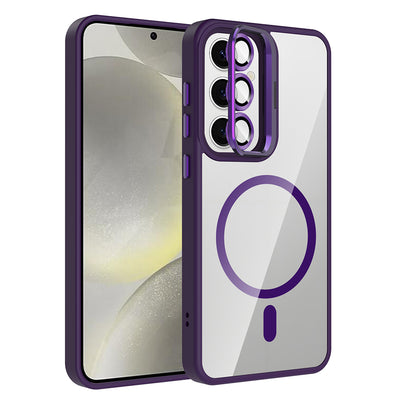 Galaxy S25 FE Kılıf Standlı ve Kamera Lens Hediyeli M-Safe Şarj Özellikli Zore Etro Kapak Derin Mor