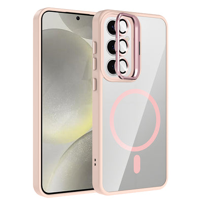 Galaxy S25 FE Kılıf Standlı ve Kamera Lens Hediyeli M-Safe Şarj Özellikli Zore Etro Kapak Pembe