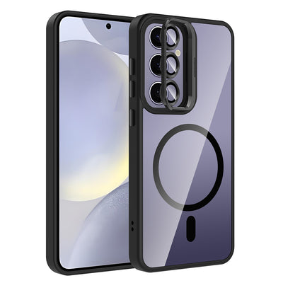 Galaxy S25 Plus Kılıf Standlı ve Kamera Lens Hediyeli M-Safe Şarj Özellikli Zore Etro Kapak Lacivert