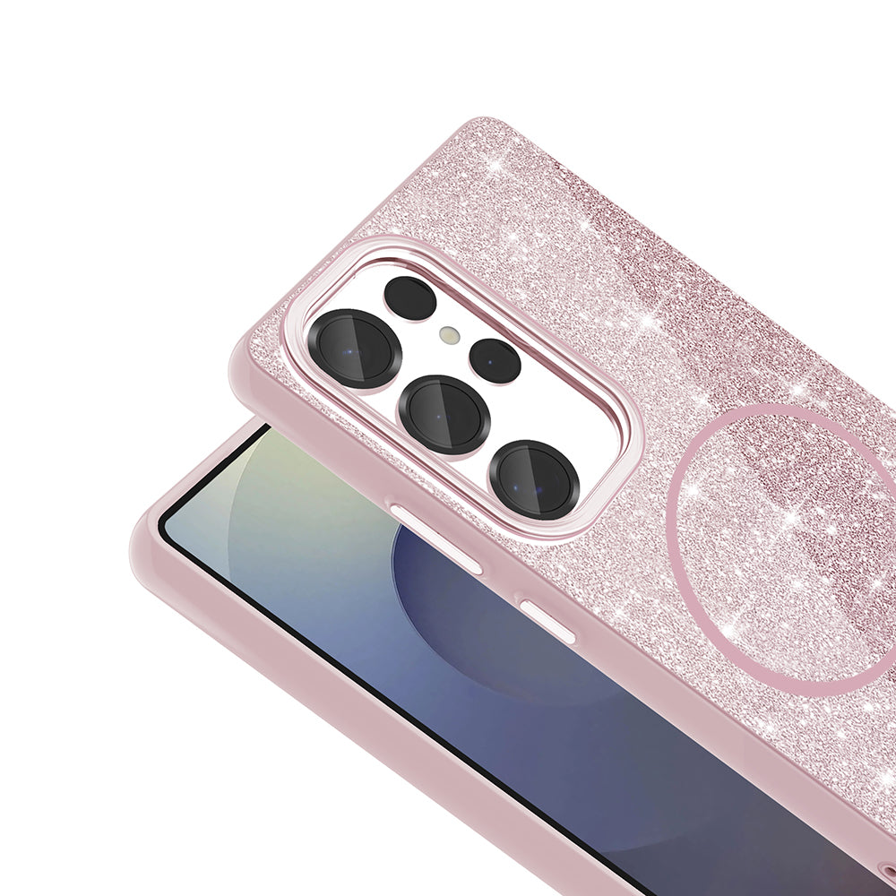 Galaxy S25 Ultra Kılıf M-safe Şarj Özellikli Parlayan Simli Zore Okso Kapak Pembe