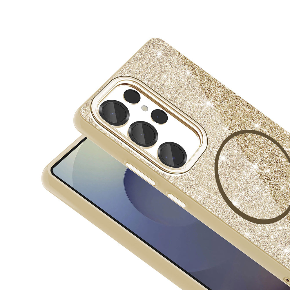 Galaxy S25 Ultra Kılıf M-safe Şarj Özellikli Parlayan Simli Zore Okso Kapak Gold