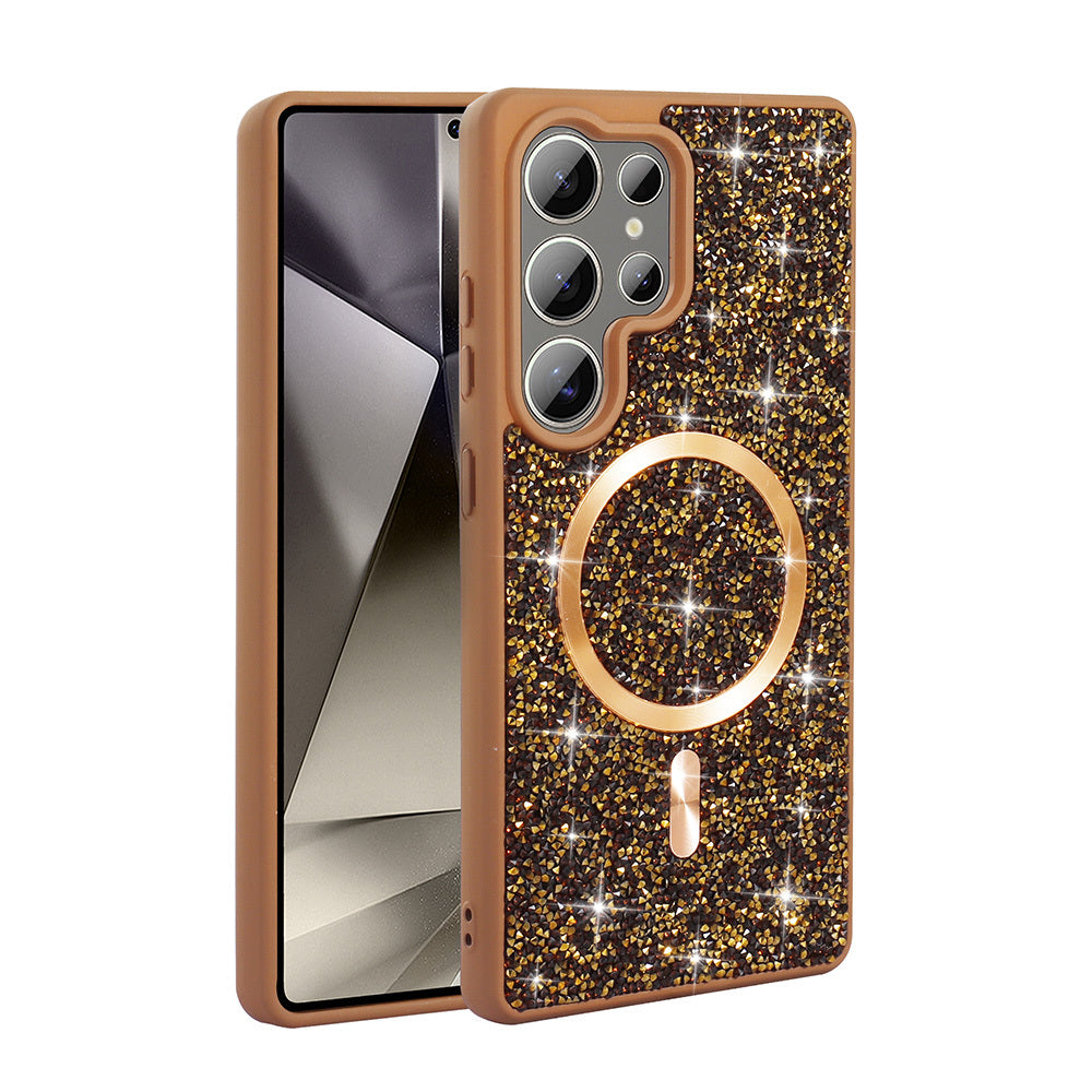 Galaxy S25 Ultra Kılıf Pırlanta Tasarımlı M-safe Şarj Özellikli Zore Mozaik Silikon Kapak Titanyum-Gri