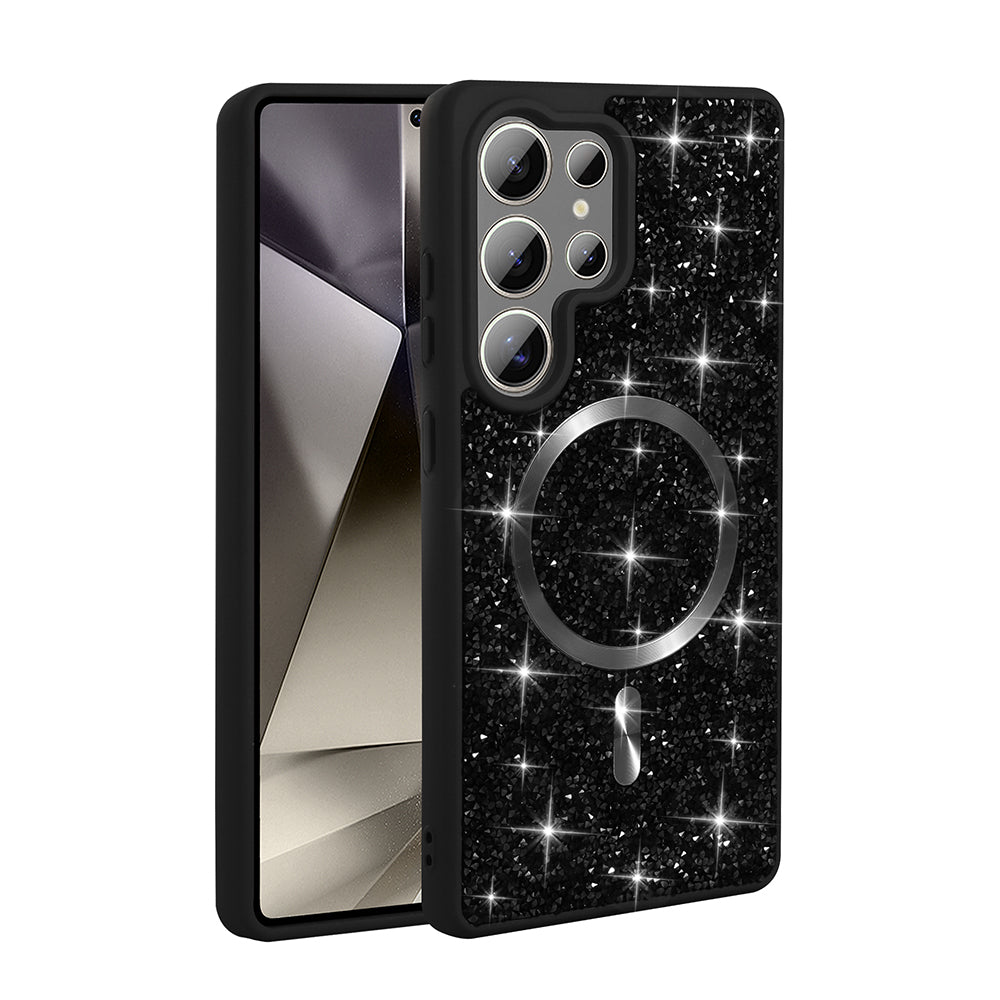 Galaxy S25 Ultra Kılıf Pırlanta Tasarımlı M-safe Şarj Özellikli Zore Mozaik Silikon Kapak Titanyum-Gri