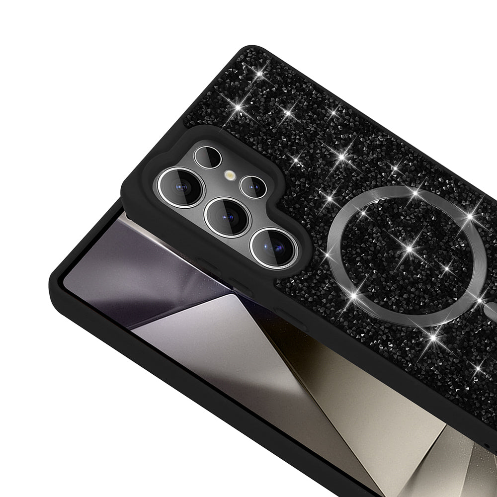 Galaxy S25 Ultra Kılıf Pırlanta Tasarımlı M-safe Şarj Özellikli Zore Mozaik Silikon Kapak Siyah
