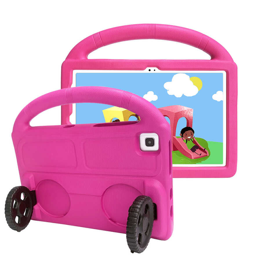 Galaxy Tab S6 Lite P610 Zore Wheel Car Tekerlek Standlı Tablet Eva Silikon Kılıf Pembe Koyu