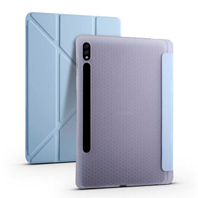 Galaxy Tab S7 Plus T970 Kılıf Zore Tri Folding Kalem Bölmeli Standlı Kılıf Mavi