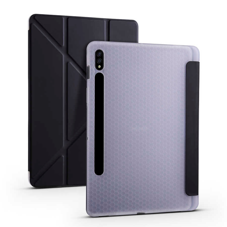 Galaxy Tab S7 T870 Kılıf Zore Tri Folding Kalem Bölmeli Standlı Kılıf Siyah