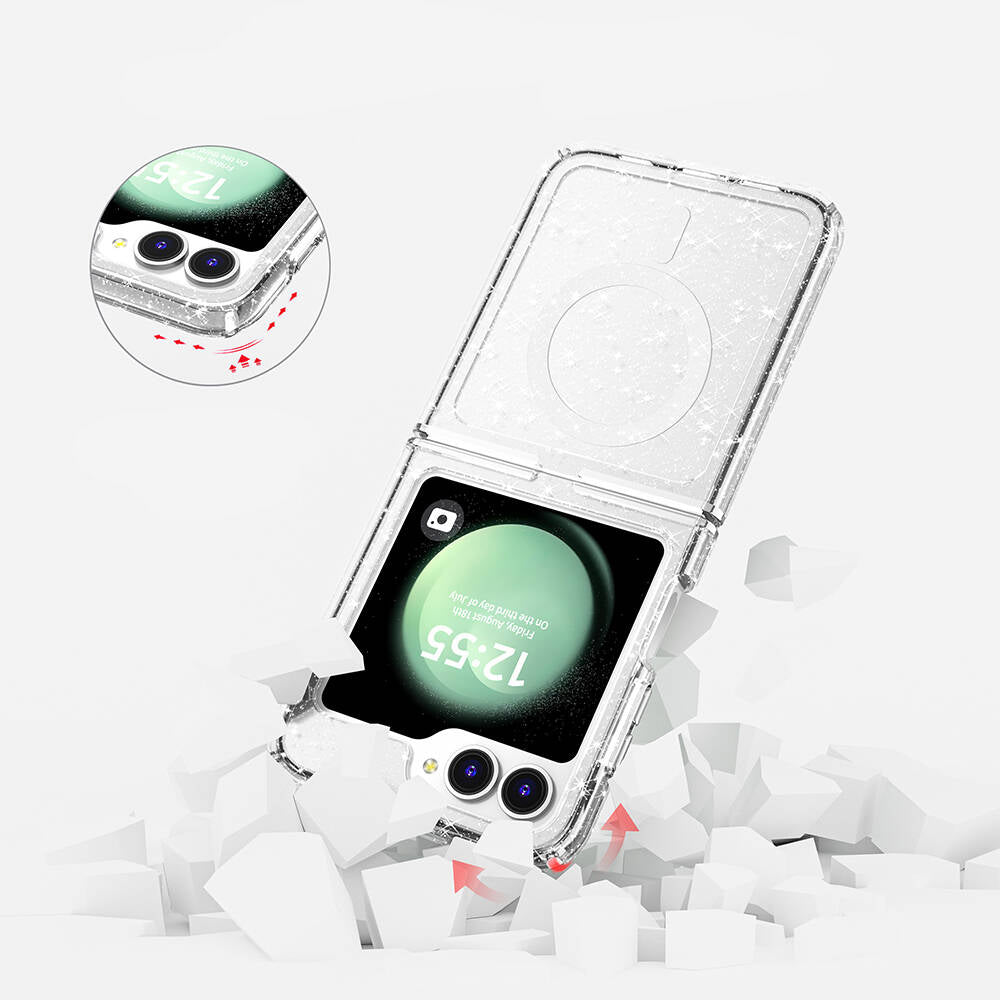 Galaxy Z Flip 6 Kılıf M-safe Şarj Özellikli Parlayan Simli Saydam Renkli Zore Allstar Kapak Mor