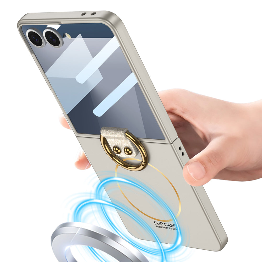 Galaxy Z Flip 7 Kılıf M-safe Şarj Özellikli Zore Kıpta Yüzüklü Flip Sert Kapak Gümüş