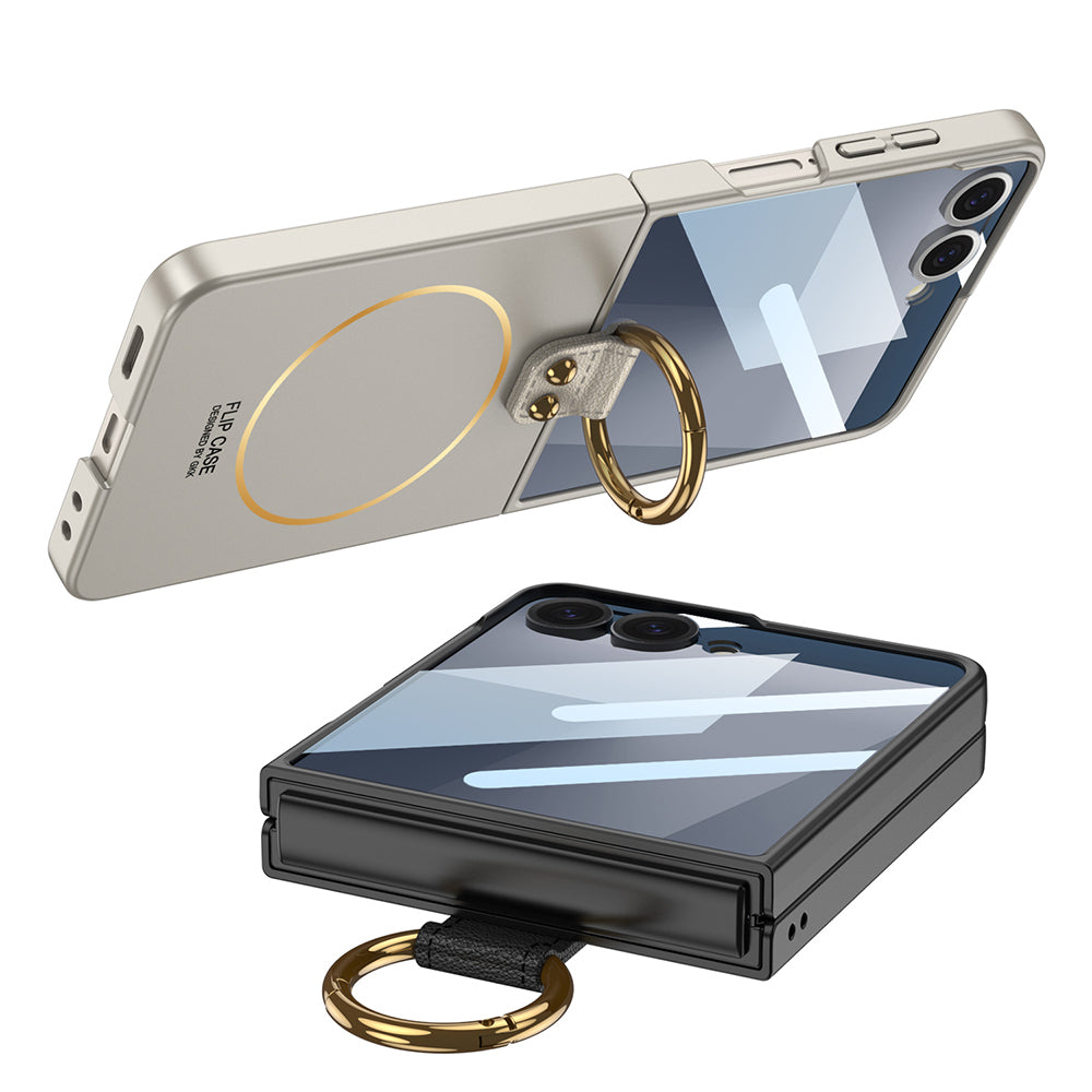 Galaxy Z Flip 7 Kılıf M-safe Şarj Özellikli Zore Kıpta Yüzüklü Flip Sert Kapak Gri