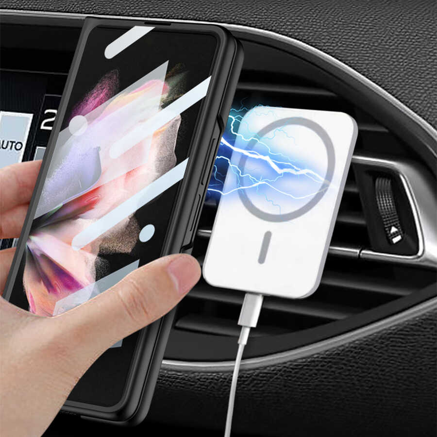 Galaxy Z Fold 3 Kılıf Wireless Şarj Özellikli Zore Kıpta M-safe Kapak Siyah