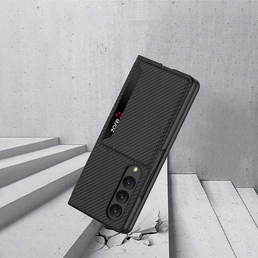 Galaxy Z Fold 4 Kılıf Karbonfiber Arka Yüzey Zore Kartlıklı Kıpta Silikon Kapak Siyah
