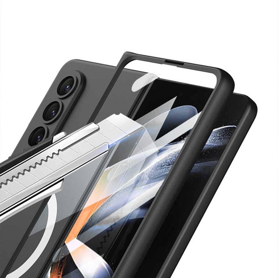 Galaxy Z Fold 4 Kılıf Wireless Şarj Özellikli Zore Kıpta M-safe Kapak Siyah