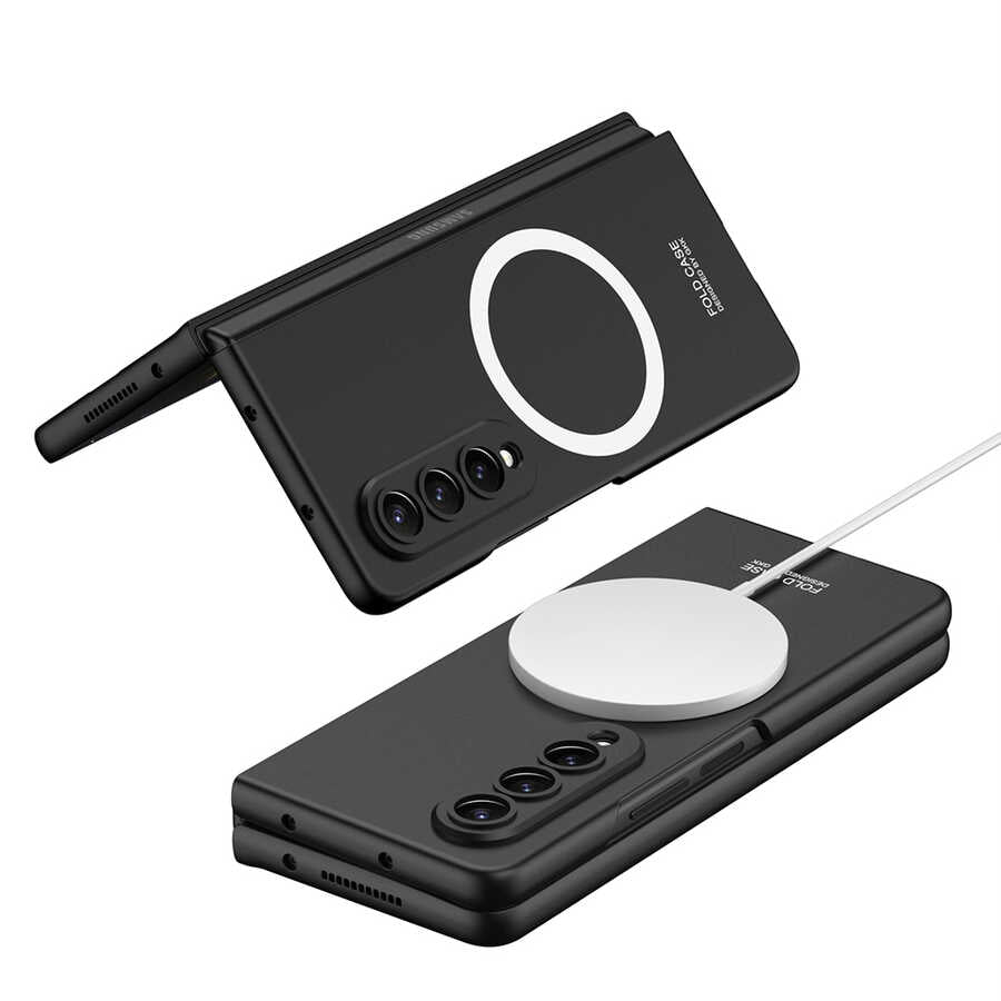 Galaxy Z Fold 4 Kılıf Wireless Şarj Özellikli Zore Kıpta M-safe Kapak Siyah