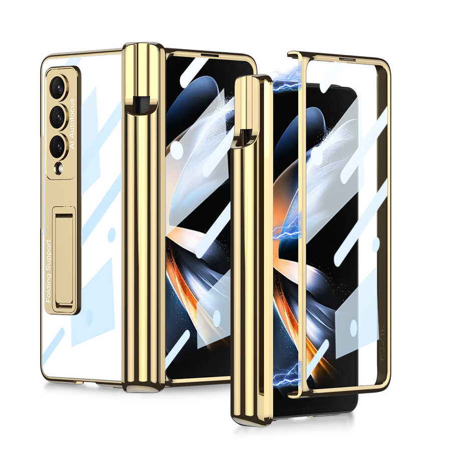 Galaxy Z Fold 4 Kılıf Zore Kıpta Standlı Kalem Bölmeli Kapak Gold
