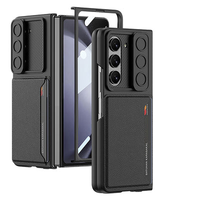 Galaxy Z Fold 5 Suni Deri Arka Yüzey Sürgülü Kamera Korumalı Zore Kartlıklı Kıpta Silikon Kapak Siyah