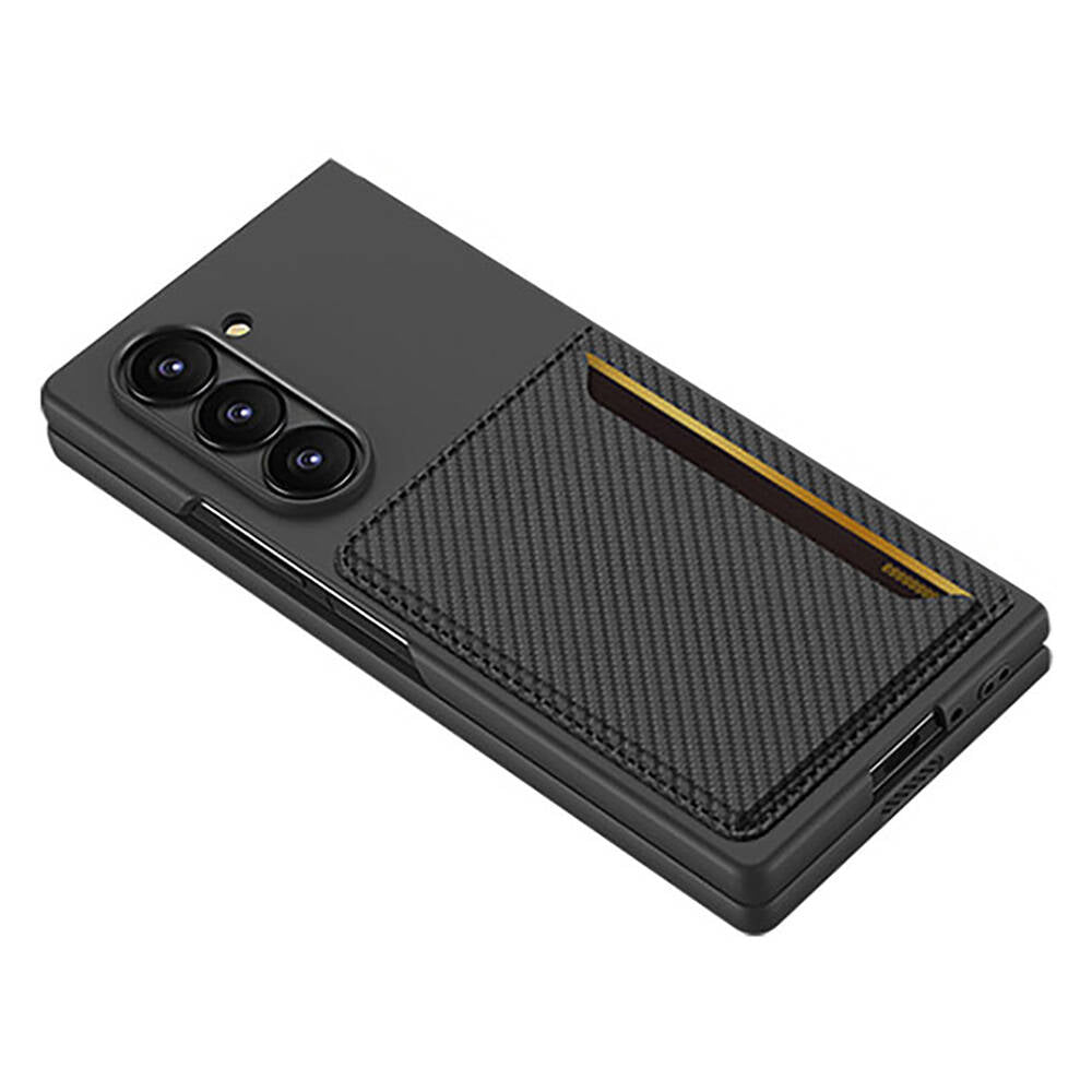 Galaxy Z Fold 6 Karbonfiber Arka Yüzey Zore Kartlıklı Z-Kart Kıpta Sert Kapak Siyah