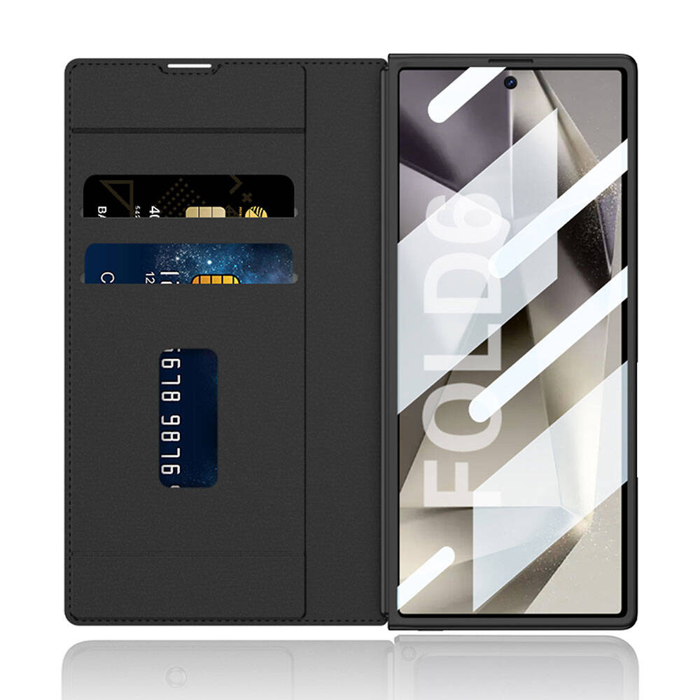 Galaxy Z Fold 6 Kılıf Kamera Korumalı Kadife Tasarımlı Zore Kıpta Kalem Bölmeli Fest Kapak Siyah