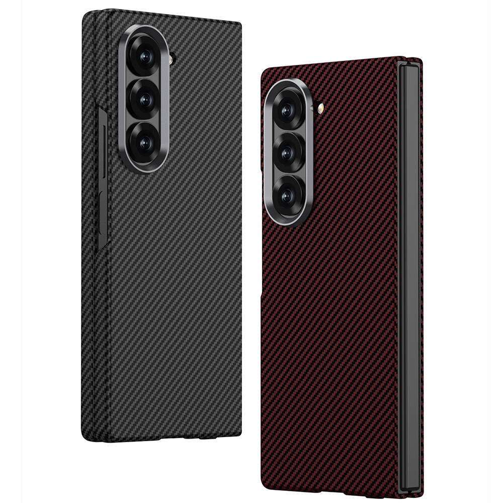Galaxy Z Fold 6 Kılıf Kamera Korumalı Karbon Fiber Tasarımlı Arka Yüzey Zore Kıpta Karbon Kapak Kırmızı