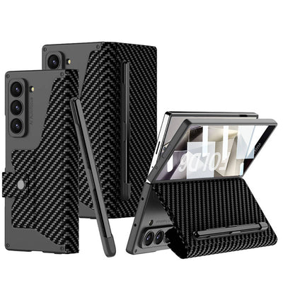 Galaxy Z Fold 6 Kılıf Kamera Korumalı Karbon Tasarımlı Zore Kıpta Kalem Bölmeli Fest Kapak Siyah Karbon