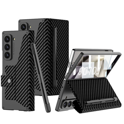 Galaxy Z Fold 6 Kılıf Kamera Korumalı Karbon Tasarımlı Zore Kıpta Kalem Bölmeli Fest Kapak Siyah Karbon
