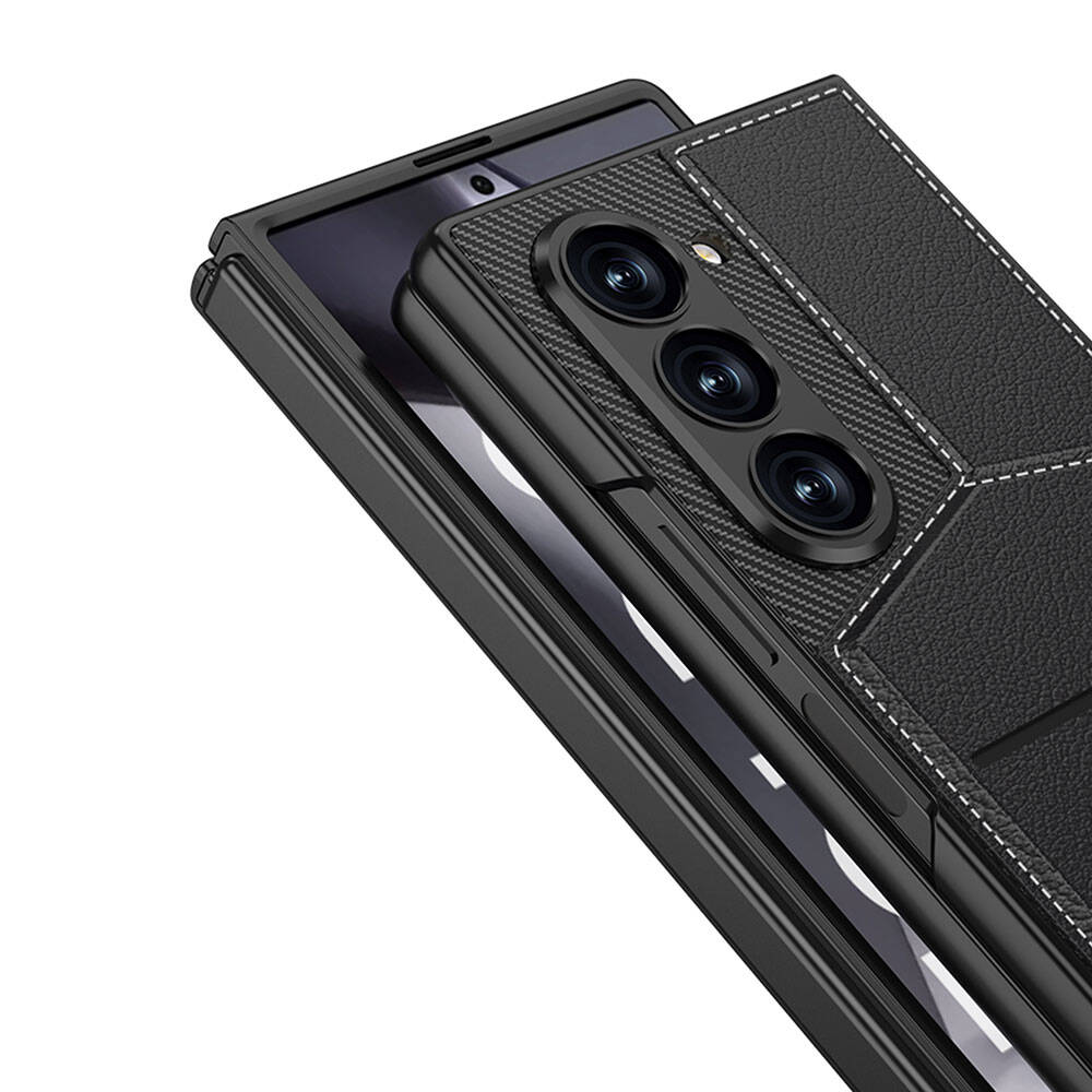 Galaxy Z Fold 6 Kılıf Karbon Fiber Deri Kartlıklı Zore Kıpta Dik Açılan Kartlıklı Kapak Siyah