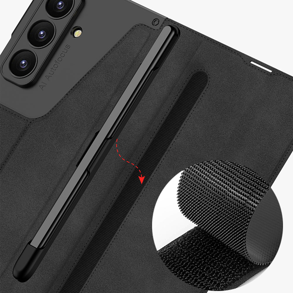 Galaxy Z Fold 7 Kılıf Kamera Korumalı Kadife Tasarımlı Zore Kıpta Kalem Bölmeli Fest Kapak Siyah