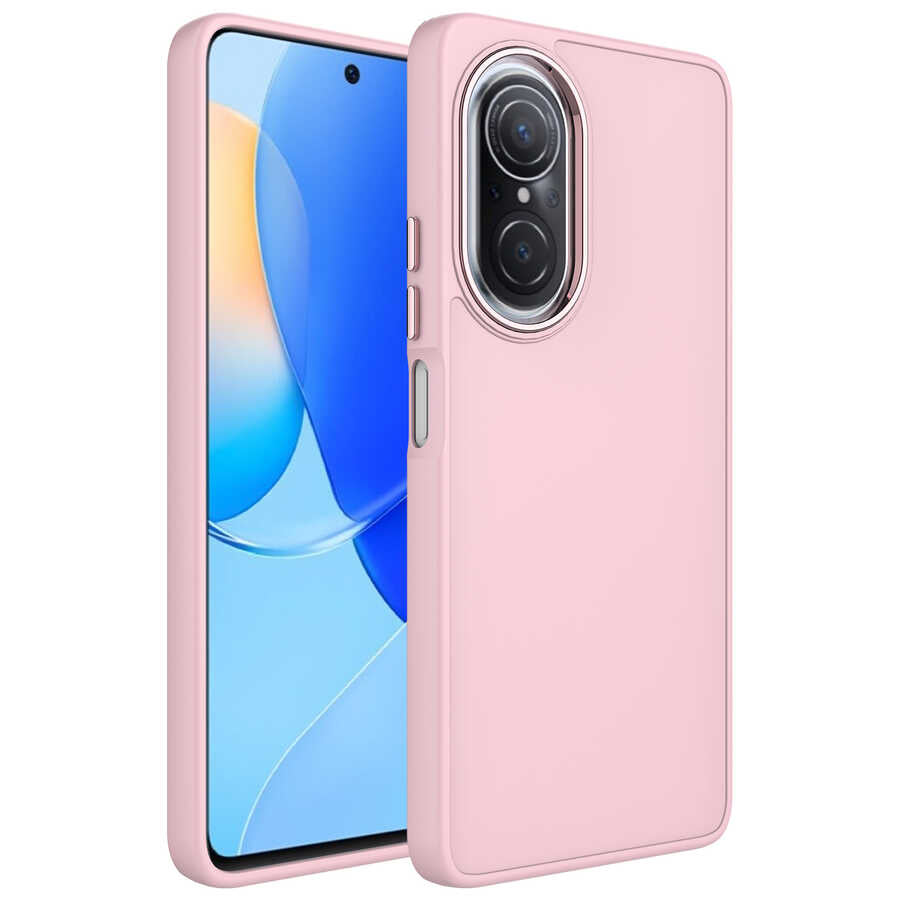 Huawei Nova 9 SE Kılıf Metal Çerçeve ve Buton Tasarımlı Silikon Zore Luna Kapak Pembe