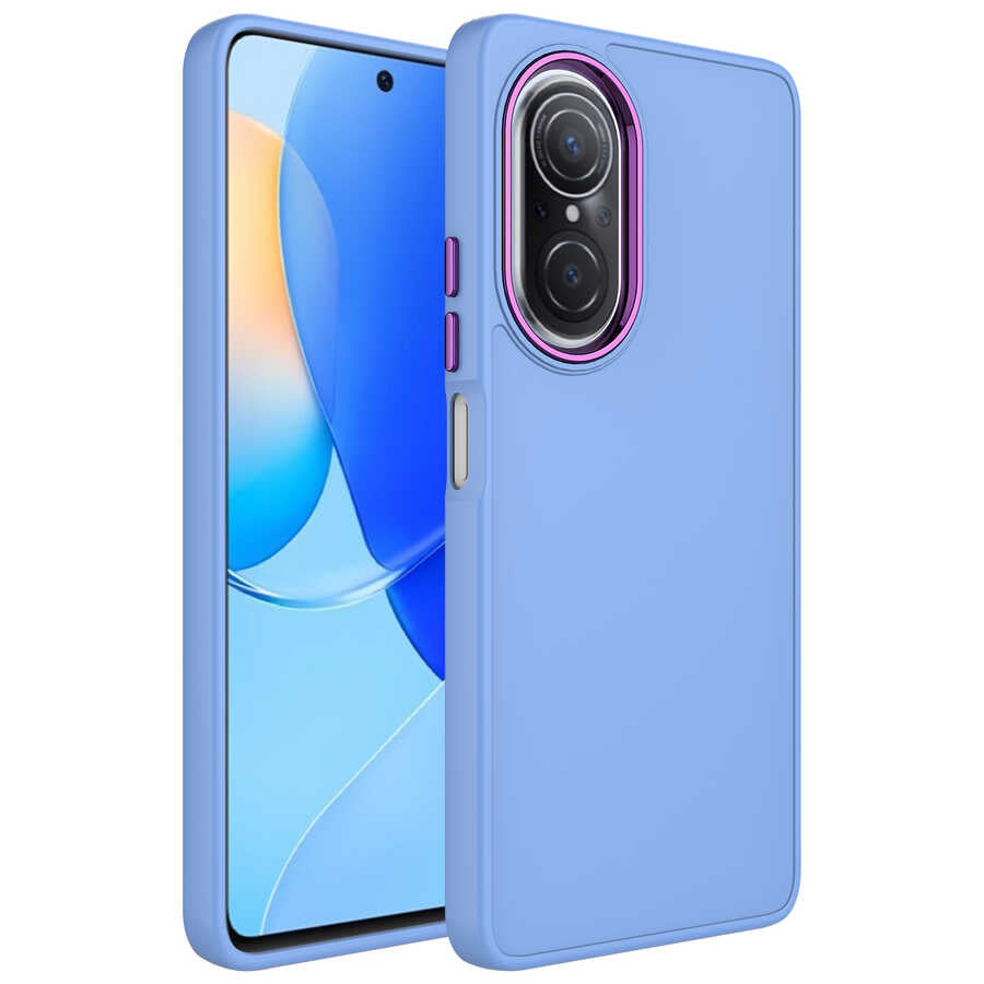 Huawei Nova 9 SE Kılıf Metal Çerçeve ve Buton Tasarımlı Silikon Zore Luna Kapak Lila