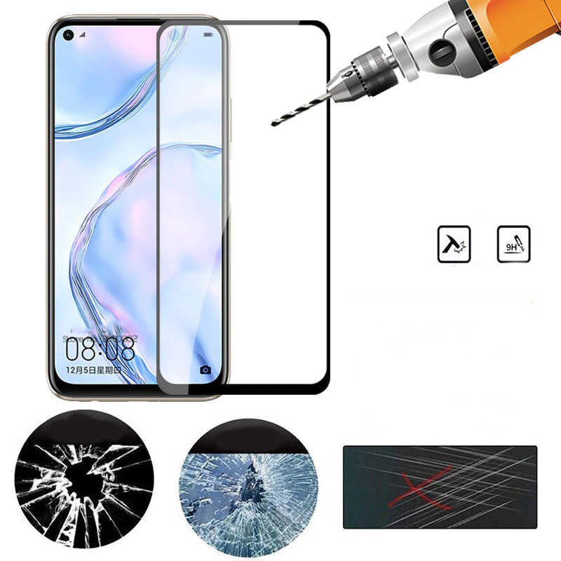 Huawei P40 Lite Zore Kenarları Kırılmaya Dayanıklı Cam Ekran Koruyucu Siyah