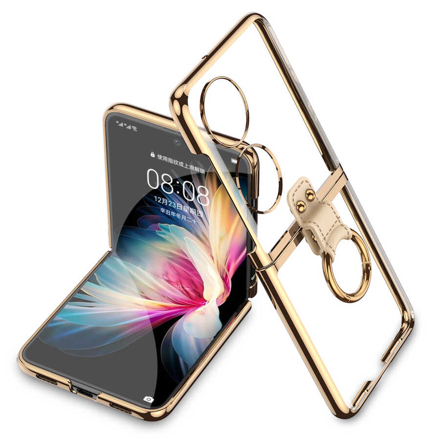 Huawei P50 Pocket Kılıf Zore Yüzüklü Kıpta Kapak Gold