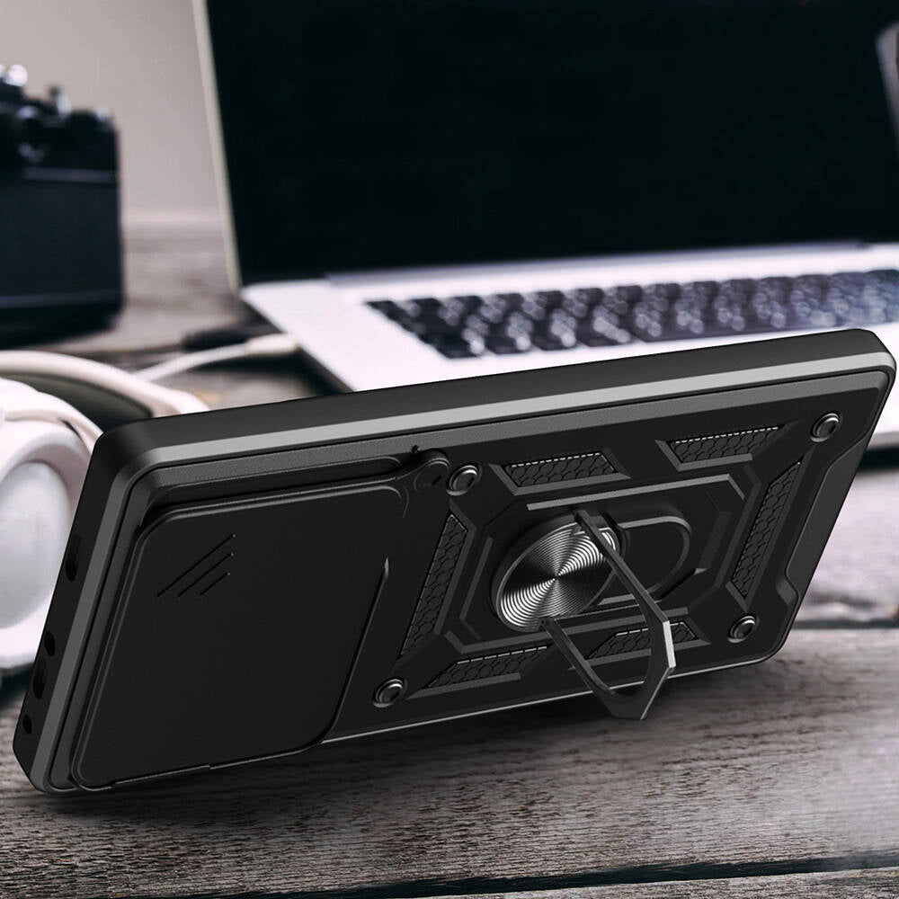 Huawei Pura 70 Pro 5G Kılıf Magnetik Standlı Kamera Korumalı Zore Sürgülü Vega Kapak Siyah