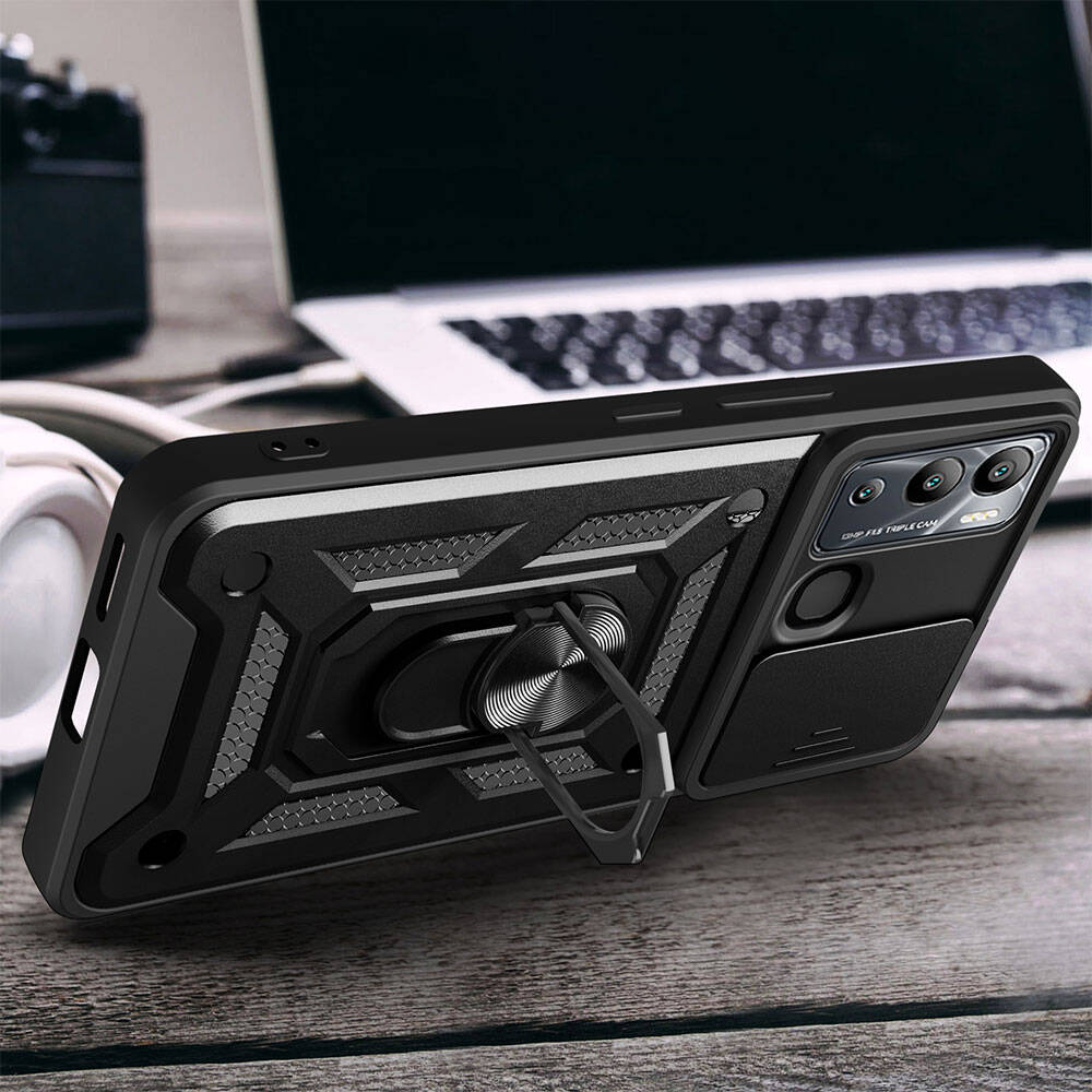 İnfinix Hot 12i Kılıf Magnetik Standlı Kamera Korumalı Zore Sürgülü Vega Kapak Siyah