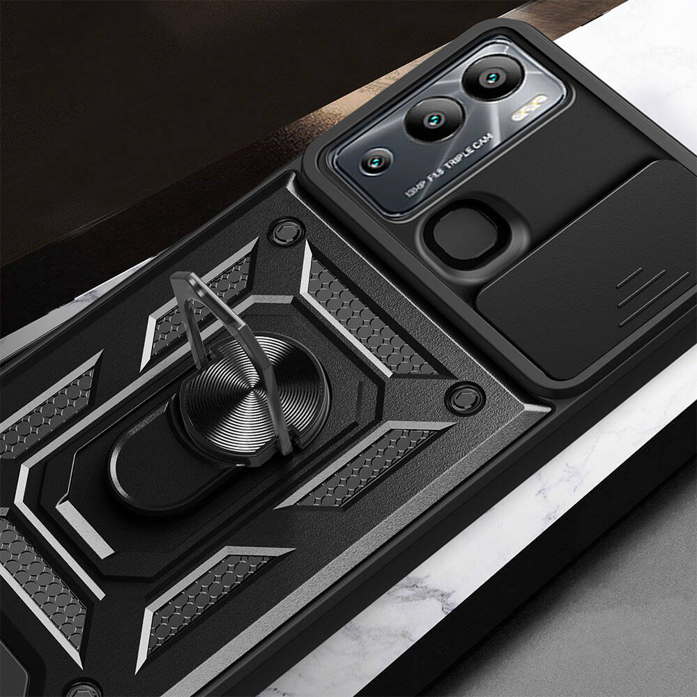 İnfinix Hot 12i Kılıf Magnetik Standlı Kamera Korumalı Zore Sürgülü Vega Kapak Siyah