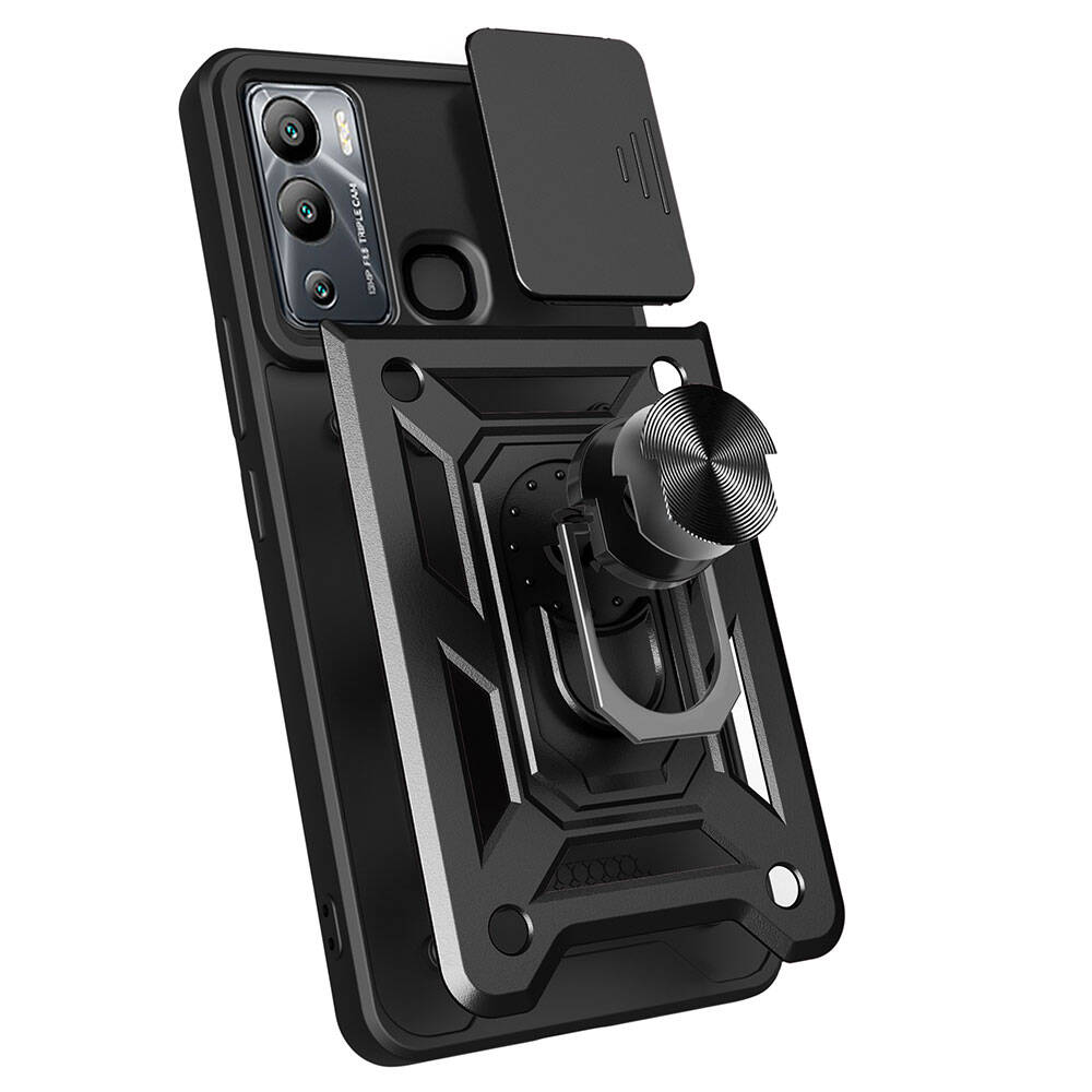 İnfinix Hot 20i Kılıf Magnetik Standlı Kamera Korumalı Zore Sürgülü Vega Kapak Siyah
