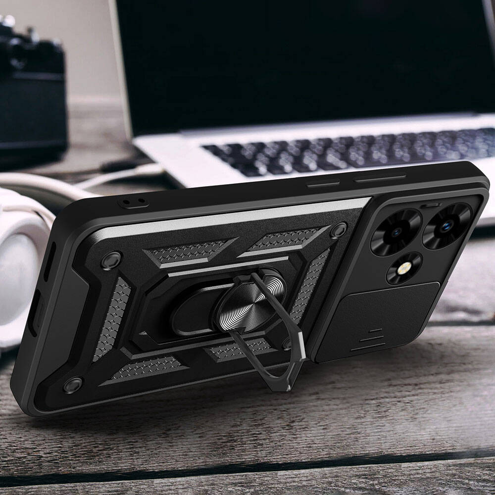 İnfinix Hot 30 Kılıf Magnetik Standlı Kamera Korumalı Zore Sürgülü Vega Kapak Siyah