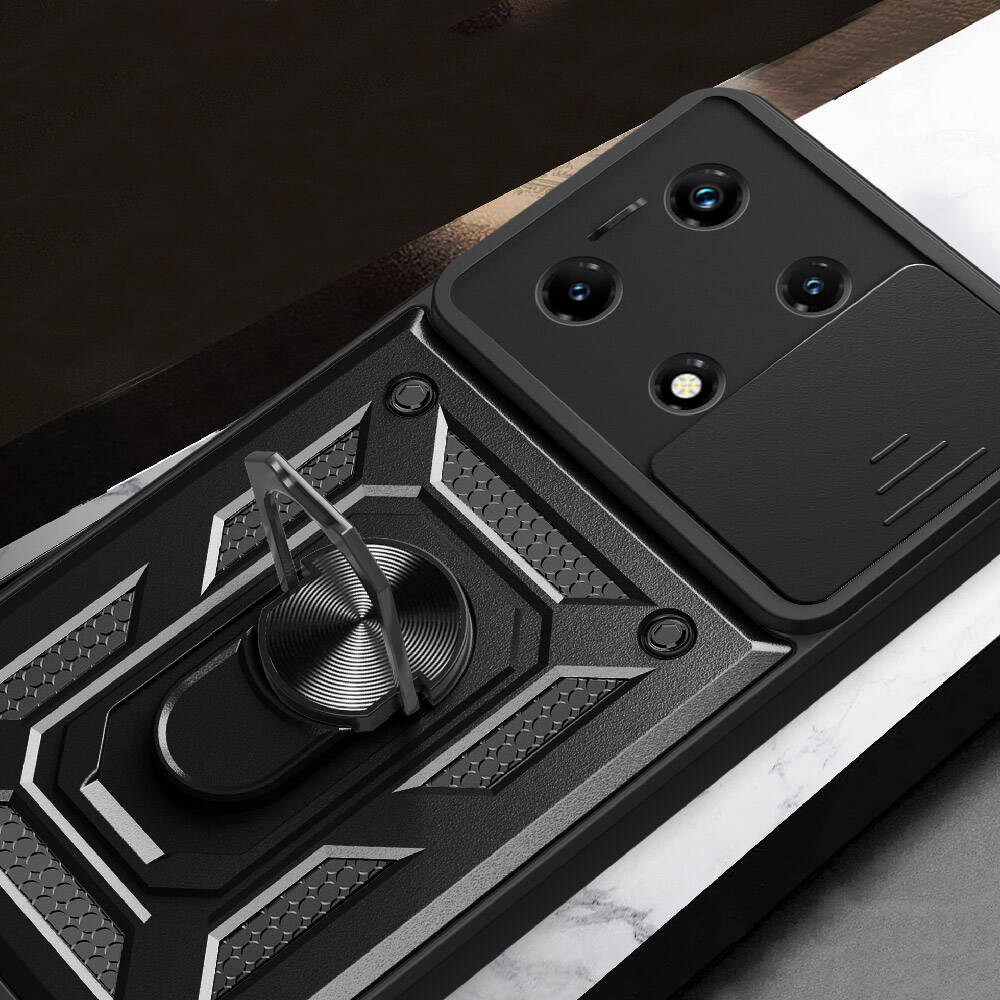 İnfinix Note 30 Pro Kılıf Magnetik Standlı Kamera Korumalı Zore Sürgülü Vega Kapak Siyah