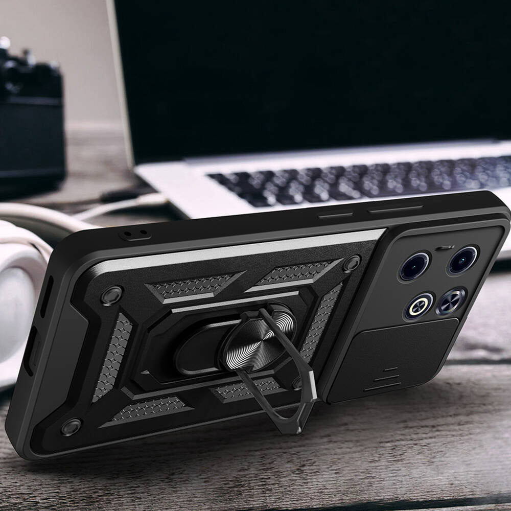 İnfinix Smart 8 Kılıf Magnetik Standlı Kamera Korumalı Zore Sürgülü Vega Kapak Mavi