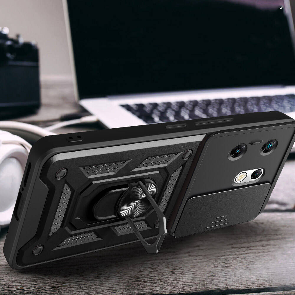 İnfinix Zero 30 4G  Kılıf Magnetik Standlı Kamera Korumalı Zore Sürgülü Vega Kapak Siyah