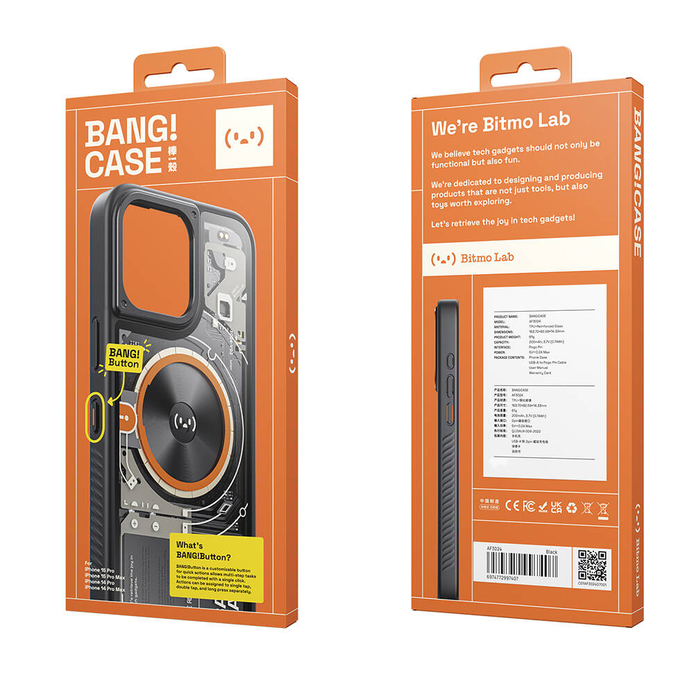 iPhone 15 Pro Max Kılıf Özelleştirilebilir 3 Fonksiyonlu Bluetooth Bağlantılı Bitmo Lab Bangcase Akıllı M-safe Kapak Siyah