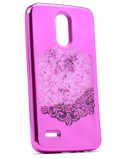 LG Stylus 3 Kılıf Zore Lazer Çiçekli Sıvılı Silikon Pembe Koyu