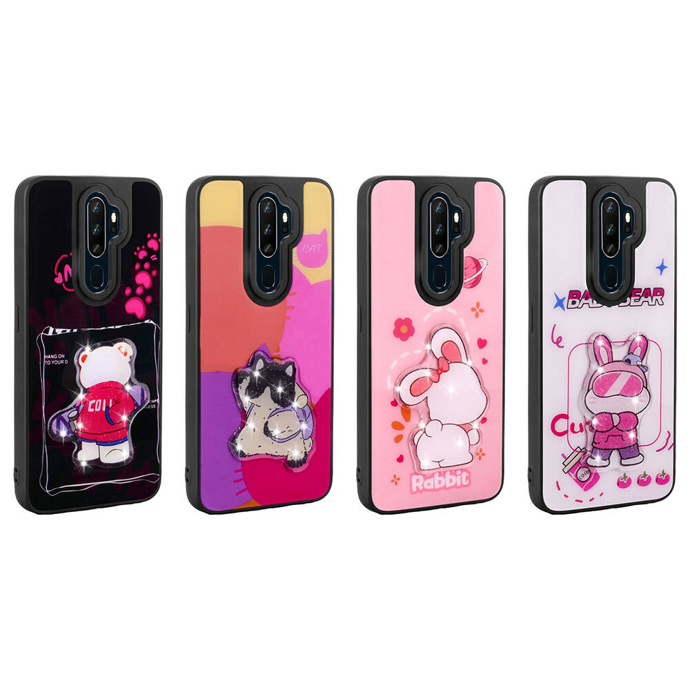 Oppo A5 2020 Kılıf Parlayan Kabartmalı İkonik Figürlü Zore Amas Silikon Kapak Pembe