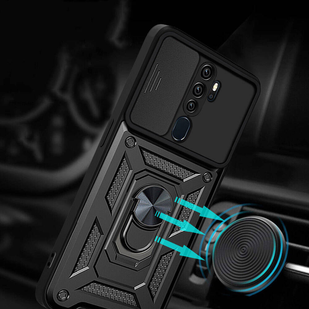 Oppo A5 2020 Kılıf Magnetik Standlı Kamera Korumalı Zore Sürgülü Vega Kapak Mavi