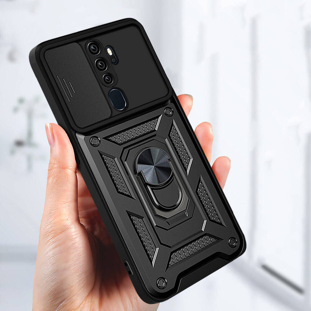 Oppo A5 2020 Kılıf Magnetik Standlı Kamera Korumalı Zore Sürgülü Vega Kapak Mavi