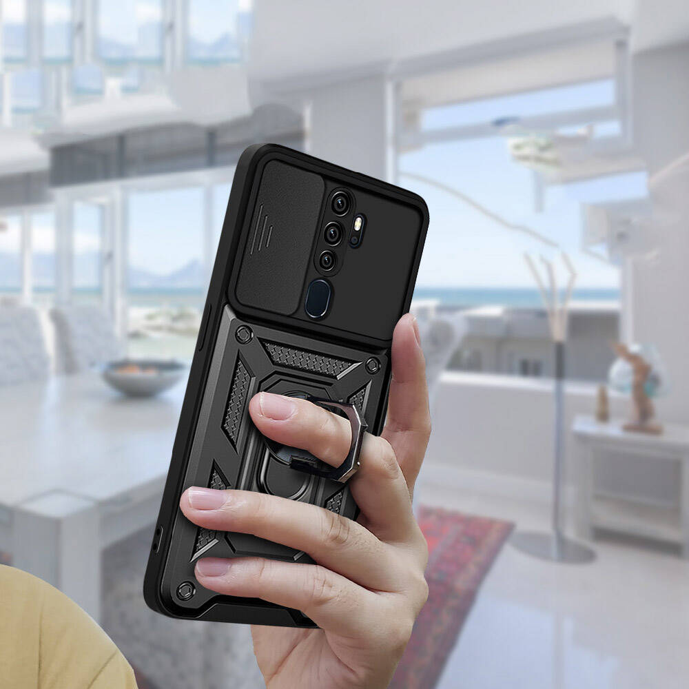 Oppo A5 2020 Kılıf Magnetik Standlı Kamera Korumalı Zore Sürgülü Vega Kapak Mavi