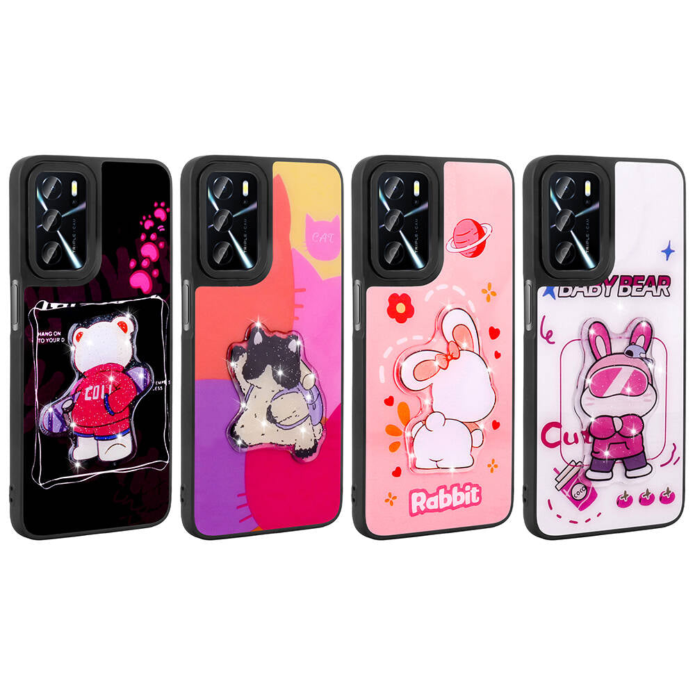 Oppo A54 4G Kılıf Parlayan Kabartmalı İkonik Figürlü Zore Amas Silikon Kapak Mor